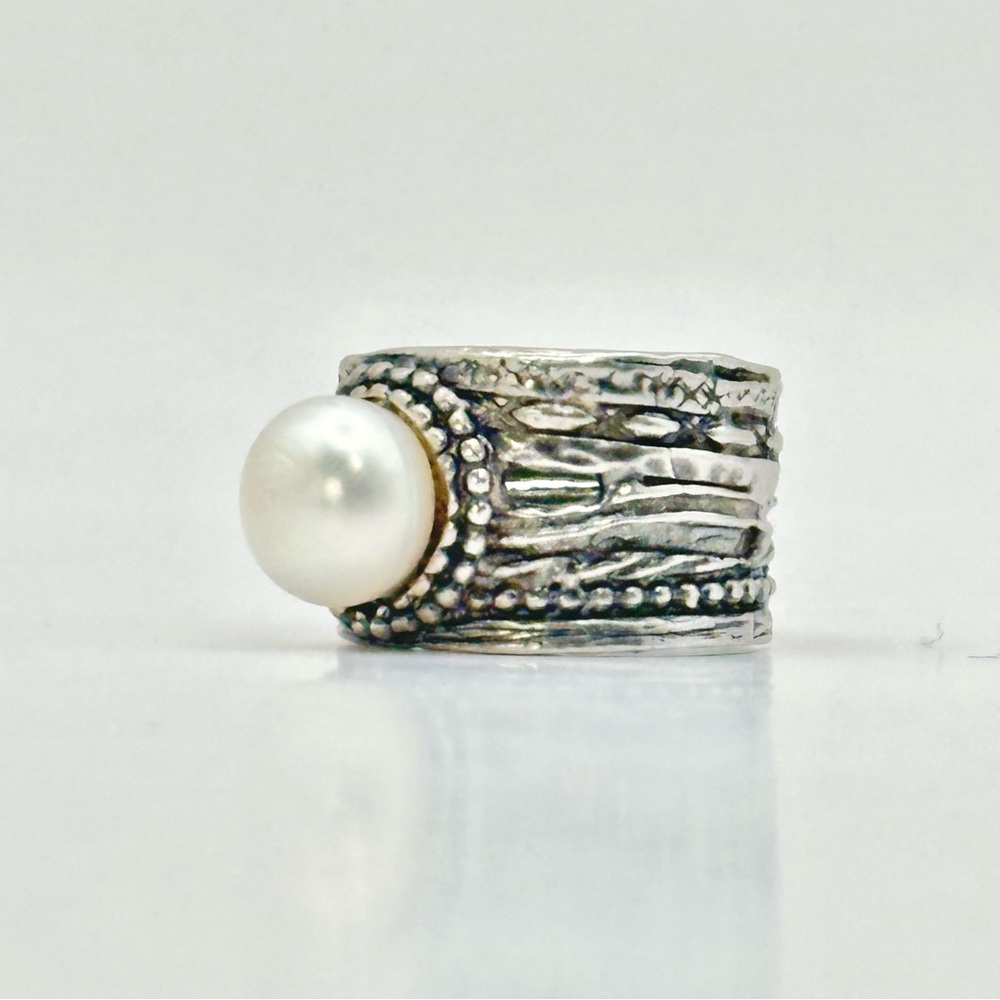 Sterling Silver & Pearl Wide Band Ring size 7 - Picture 2 of 11